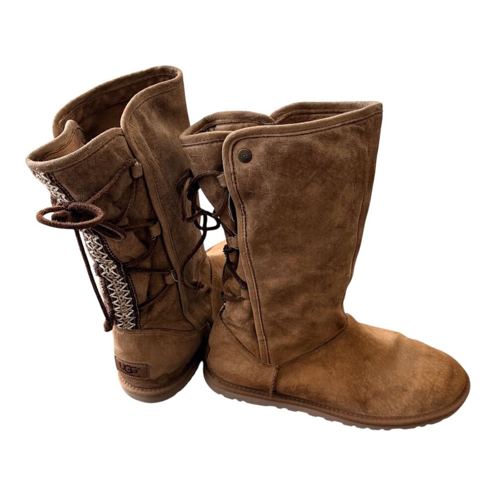 UGG Australia Lo Pro Tasman Mid-Calf Lace Back Boots Tan Suede Women's Size 9